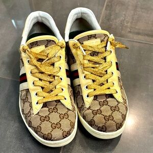 Gucci Beige and Gold Monogram Sneakers